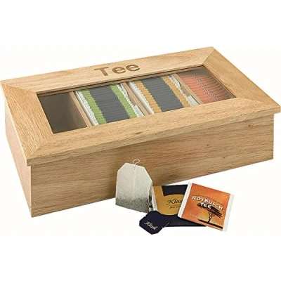 Imagen de APS caja para té de madera con ventanilla, almacenamiento bolsas té, 4 compartimentos 30 bolsitas en sobres, clara, inscripción „Tee&quot; (té)