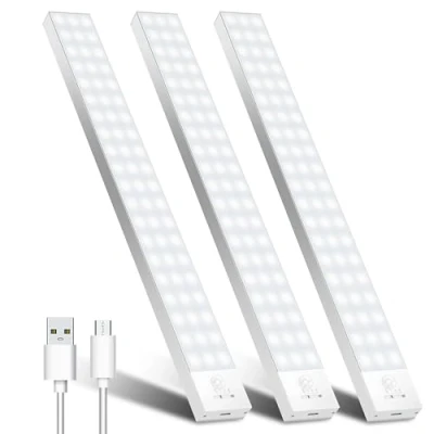 Imagen de OUILA Luz LED Armario con Sensor Movimiento 5000K 60 LEDs 4 Modos Adhesiva Magnética 1500mAh USB Recargable Nocturna para Cocina, Armario, Escaleras, Pasillo, Garaje 3 Packs Blanco Natural