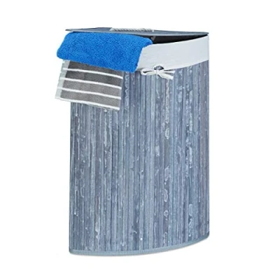 Imagen de Relaxdays Cesto Ropa Sucia Esquinero, Cubo Colada Plegable con Tapa, Canasta, Bambú, 60 L, 65 x 49,5 37 cm, Gris, Algodón