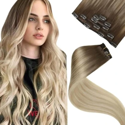 Imagen de LaaVoo Extensiones Pelo Natural Clip Balayage Marrón Claro Ombre Rubio Ceniza y Rubia Platino 40cm de Cabello 5piezas/70g #8/18/60