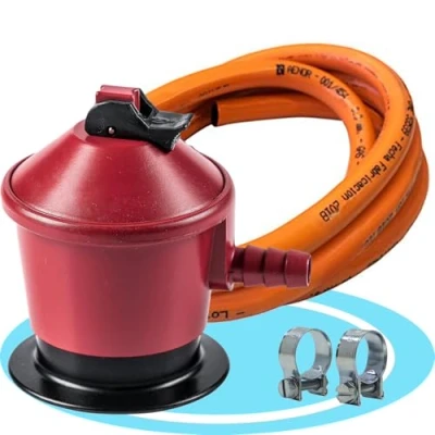 Imagen de FlashPrix Regulador Gas Butano, GLP y propano, 50 mbar, Color Rojo + Manguera de Butano 1,5 MTS 2 Abrazaderas