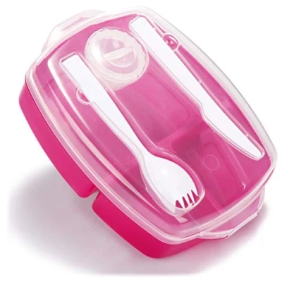 Imagen de COM FOUR® fiambrera de 4 piezas con cubertería y salsa, para el trabajo, la escuela, universidad los viajes, apta lavavajillas (4 caja cubiertos rosa rojo)