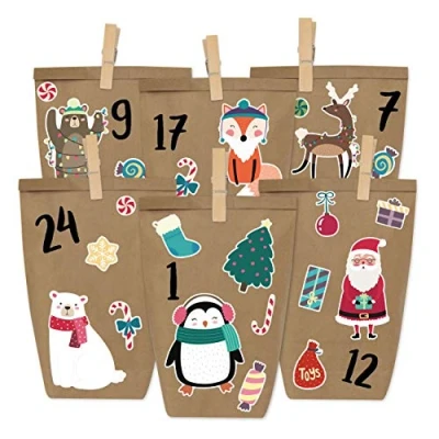 Imagen de Papierdrachen Calendario de adviento DIY para Rellenar Negro Pegar con 24 Bolsas Papel marrón y Grandes Pegatinas los niños Navidad
