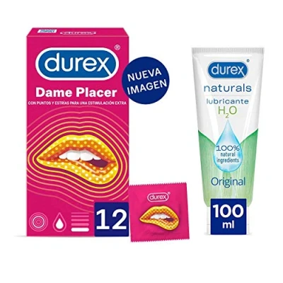 Imagen de Durex Preservativos Dame Placer con Puntos y Estrías, 12 condones + Lubricante Naturals H2O de Base Agua, 100ml