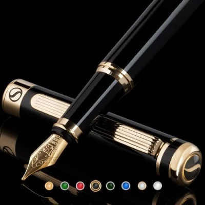Imagen de Scriveiner Pluma Estilográfica Negra con Detalles de Oro 24k y 18K para una Caligrafía Suave Elegante, Plumilla (Ancha) Convertidor Instalado Schmidt, Incluye Dos Cartuchos Tinta