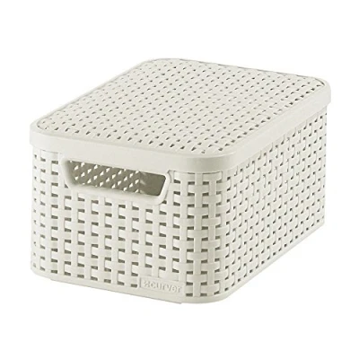 Imagen de CURVER 205840 Cesta con Tapa Efecto Mimbre (tamaño pequeño, Polipropileno), Color Blanco