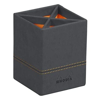 Imagen de RHODIA 194525C Portalápices de titanio 8x8x11 cm Pespuntes naranjas Exterior piel sintética Colección Home Office Rhodiarama Organización oficina y almacenamiento diseño