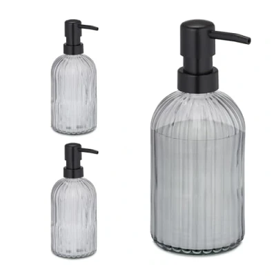 Imagen de Relaxdays Set 3 Dispensadores Jabón Vidrio, Jaboneras 400 ml, Rellenables, Baño, Cocina, Botellas Dosificadoras, Negro, 19 x 9 7 cm