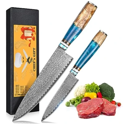 Imagen de oFuun Juego de Cuchillos Cocina, 2 Piezas Japones Profesional Acero Damasco 67 Capas 20cm Cuchillo Chef, 12,6cm Pelador Fruta