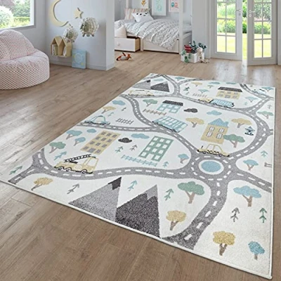 Imagen de TT Home Alfombra De Habitacion Bebe Infantil Niña Niño Juego Moderna Arcoíris Nube Motivo Animal Colorido, Color:Crema3, Tamaño:160x220 cm