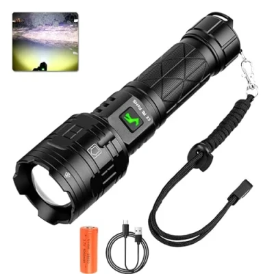 Imagen de XLENTGEN Linterna LED Recargable 90000 Lumens Linternas Alta Potencia, Tactica Potente con 5 Modos, IPX5 Impermeable &amp; Enfoque Ajustable para Camping, Trekking, Emergencia