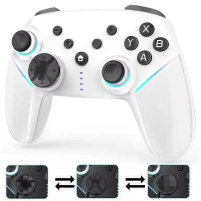 Imagen de Cehensy Mando Switch Inalambrico para Switch/OLED/Lite/PC,Mandos con LED RGB 9 Colores,950mAh,Programable,Mando Pro PC Gyro Axis/Doble Vibración/Turbo,Blanco