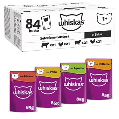 Imagen de WHISKAS Comida para Gatos (84 bolsitas de frescura 85 g, Pasta Adultos en Salsa, Comidas clásicas (4 variedades)