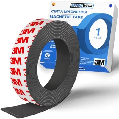 Imagen de Rollo de cinta magnética Effektwerk (1 metro), tiras magnéticas extra gruesas y anchas con fuerte respaldo autoadhesivo, fácil cortar pegar a superficies planas