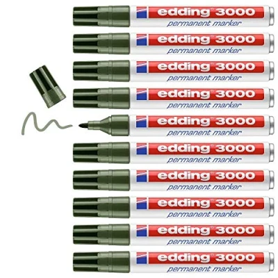 Imagen de edding 3000 marcador permanente verde oliva 10 rotuladores punta redonda 1,5 3 mm indeleble de secado rápido resistente al agua y a los borrones cartón, plástico, madera, metal universal