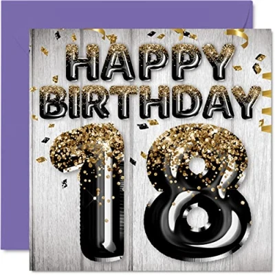 Imagen de Stuff4 Tarjeta de cumpleaños número 18 para hombres, globos negros y dorados con purpurina, tarjetas feliz hombre años, hijo, hermano, tío primo, 145 mm x mm,