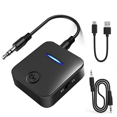 Imagen de Receptor transmisor Bluetooth 5.0, Adaptador de Audio Bluetooth, 2 en 1, Mini RCA portátil y Sonido HD Baja latencia Compatible con AUX 3,5 mm (Negro)