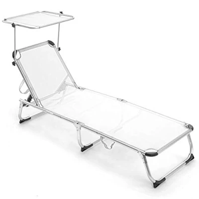 Imagen de Bakaji Tumbona de aluminio con techo parasol, plegable, ocupa poco espacio, ideal para playa o jardín, Bianco