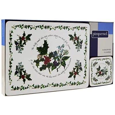 Imagen de Pimpernel The Holly and Ivy Juego de 6 manteles Individuales y Posavasos, Madera con Respaldo Corcho, 30,5 x 23 cm 10,5