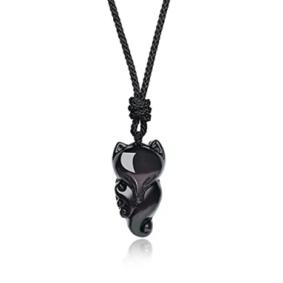 Imagen de COAI Collar de Protección con Colgante Amuleto Zorro Piedra Natural Obsidiana Negra para Hombre y Mujer