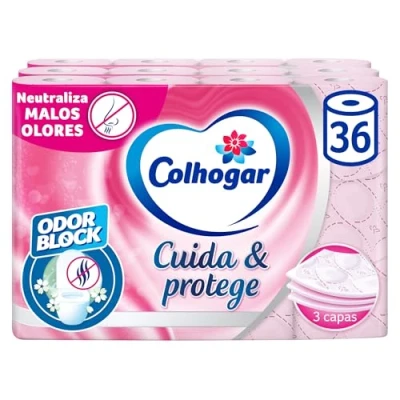 Imagen de Colhogar, Cuida&amp;Protege 3 x 12, Papel Higiénico con tecnología Odor Block, neutraliza malos olores, Paquete 36 Rollos, Capas, rollos color rosa y una fragancia fresca