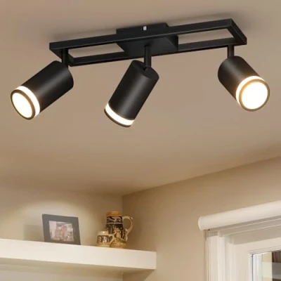Imagen de Dehobo Lámpara de Techo 3 Focos Giratorios GU10, Pared Interior LED Negro Orientables, Foco para Iluminación Dormitorio Pasillo Cocina Comedor, Sin Bombilla