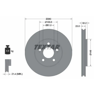 Imagen de TEXTAR PRO 92271603 Disco de freno 260 23 05/05 100 ventilación interna revestido sin perno sujeción rueda, buje rueda