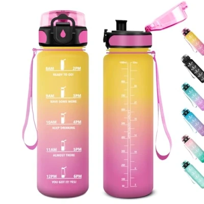 Imagen de Botella Agua Deportiva 1L, Prueba de Fugas, Motivacional con Tapa, Reutilizable Marcador Tiempo, Cantimplora para Adulto, Gimnasio, Cámping, Bicicleta, Sport
