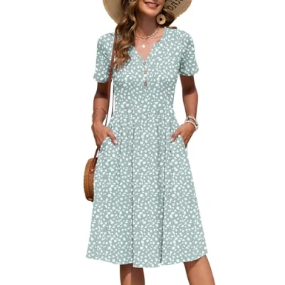 Imagen de AUSELILY Vestido Verano Manga Corta Mujer Largo hasta La Rodilla Estilo Imperio Informal con Cuello en V Plisado y Bolsillos
