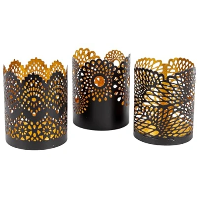 Imagen de Portavelas Gadgy Negro Oro Conjunto de 3 para Decoración Mesa Metal con Patrón Encaje Velas 8,5 x 10,5 cm