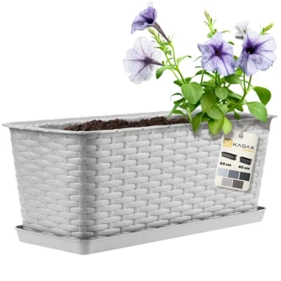 Imagen de KADAX Maceta de Plástico Imitación Ratán para Exterior, Macetero Rectangular con Platillo Ventana, Jardinera Balcón (Gris, 40 cm)