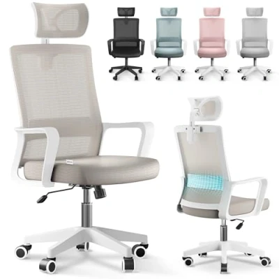 Imagen de JUPPLIES Silla Escritorio Ergonomica Oficina Ajustable y Reclinable con Soporte Lumbar, Reposacabezas Ajustable, Malla Transpirable, Ruedas Giratorias 360 Soporta hasta 100kg (Beige)