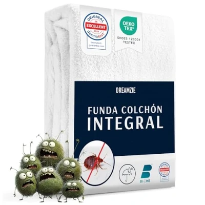 Imagen de Dreamzie Protector Colchon Impermeable 140x190x25 cm Cubre Antichinches 140x190 con Cierre de Cremallera para Alergias Funda Completa