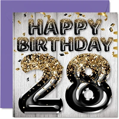 Imagen de Tarjeta de cumpleaños número 28 para hombres, globos negros y dorados con purpurina, tarjetas feliz hombre años, hijo, hermano, tío primo, 145 mm x mm, veintiocho