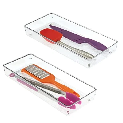 Imagen de iDesign Linus Organizador de cajones, cubertero para cajones cocina en plástico, juego 2 cuberteros cajón, transparente
