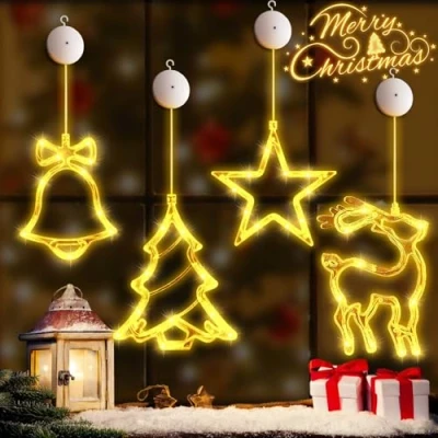 Imagen de 4 luces de Navidad para ventana, 60 LED, estrellas, iluminación Navidad, funciona con pilas temporizador