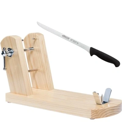 Imagen de KROWN Soporte Jamón Rioja + Cuchillo Jamonero de Arcos, Fabricado en ESPAÑA con Madera Pino (Jamonero Natural Cuchillo)