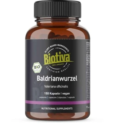 Imagen de Biotiva Cápsulas de valeriana orgánica 150 piezas raíz molida 700 mg por cápsula llenada y verificada en Alemania vegana