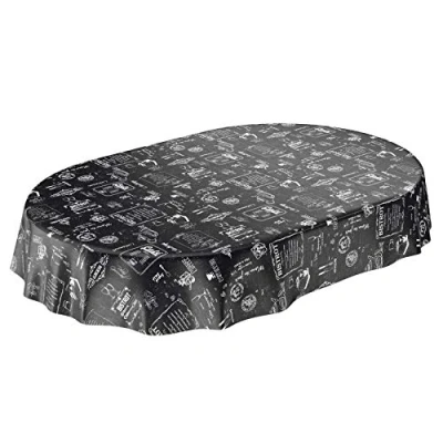 Imagen de ANRO Mantel de Hule Encerado Lavable, Color Negro, Estilo bistró, Retro, Moderno, Ovalado, 180 x 140 cm