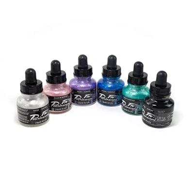 Imagen de Daler Rowney FW, Tinta acrílica, Botella de cristal con pipeta, 29,5ml + 1 FW Rotulador Vacío, Caja cartón, Set efectos nacarados, 6 colores surtidos