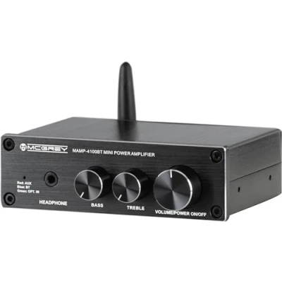 Imagen de McGrey MAMP 4100BT Mini hi fi amplificador de audio estèreo 2x Salida 50 vatios Bluetooth®, entrada jack y óptica Control sonido 2 bandas Conexiones pinza para altavoces Negro
