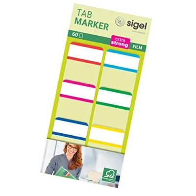 Imagen de SIGEL HN201 Marcapáginas adehesivos y rigidos, cinta de filme transparente extra fuerte, 60 tiras 25 x 38 mm, 6 colores