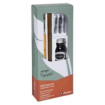 Imagen de Brause 146B un kit de escritura que incluye 3 plumillas (Schoolgirl, steno y Rose), portaplumas madera, pincel, una botella tinta negra e instrucciones