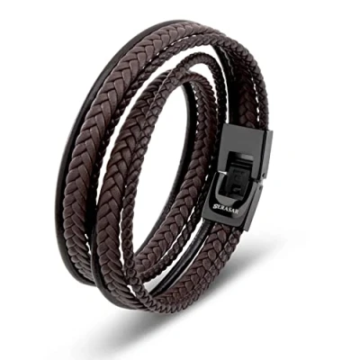 Imagen de SERASAR 40cm Marrón Pulsera de Cuero Hombre Chico Pulseras Hombres Brazalete Brazaletes Pulso Muñequera Muñequeras Bisuteria Bisutería Joyeria Nudos Cuerda Cuerdas Bracelet Men Jewellery Unisex