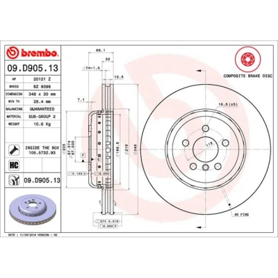 Imagen de BREMBO 09.D905.13 disco de freno 348 30 5 ventilación interna, dos piezas revestido altamente carbonizado con tornillos