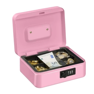 Imagen de Relaxdays Caja Dinero, Combinación 3 Números, Bandeja para Monedas, Cajita Hierro, 8,5 x 20 17 cm, Rosa