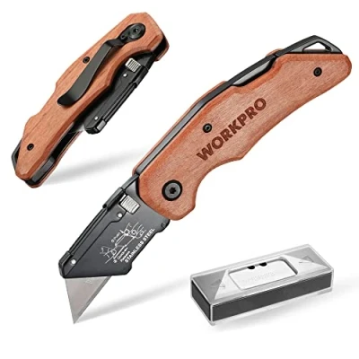 Imagen de WORKPRO Cúter Plegable con Mango Madera, Cuchillo de Cambio Rápido, Cutter Clip para Cinturón, 10 Cuchillas SK5