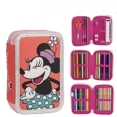 Imagen de Plumier con Accesorios de Minnie Mouse Color Rosa Palo 12,5x6,5x18,5 cm Fabricado en Poliéster Triple Compartimento Cierre Cremallera Producto Original Diseñado España