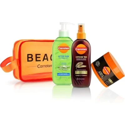 Imagen de Carroten Set de bronceado intensivo 150 ml, aceite bronceador intenso ml y gel refrescante para después del sol 200 rápido, incluye práctico neceser