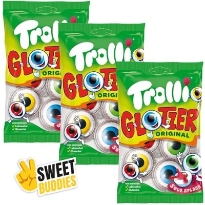 Imagen de Trolli Glotzer Pack 3x4 Ojos de gominola ácidos con relleno líquido Dulces icónicos para Halloween y fiestas sin lactosa, gluten Incl. pegatina Sweet Buddies